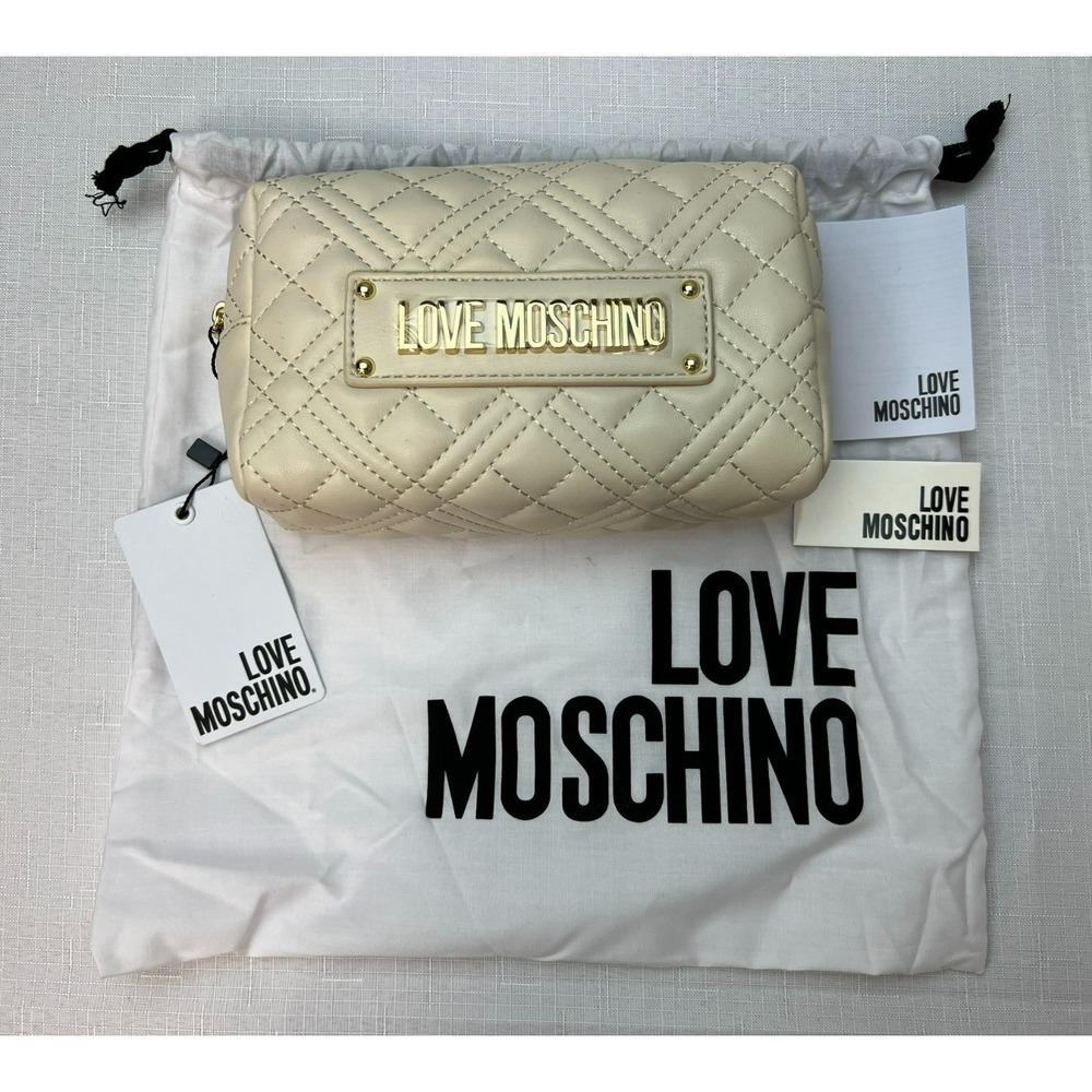 NWT Love Moschino Bustina Ivory Quilted Pouch Gold Hardware Zip Top + Dust Bag